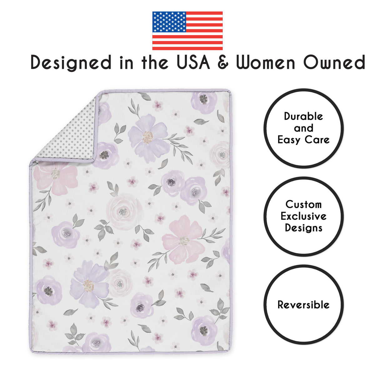 Watercolor Floral Lavender and Grey Collection 5 Piece Crib Bedding