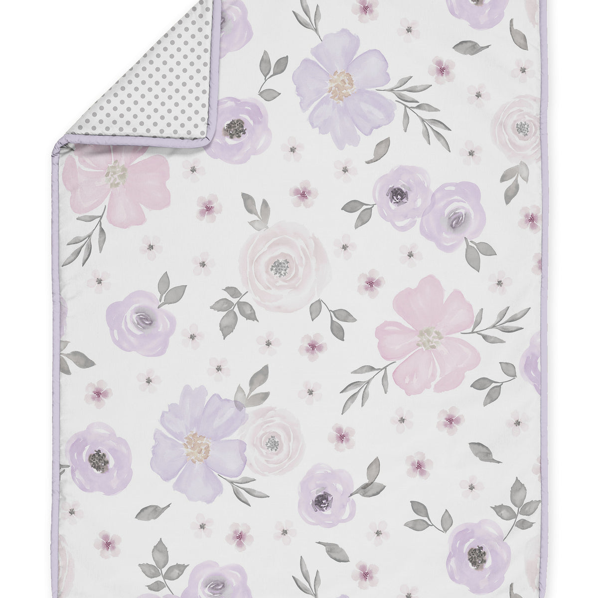 Watercolor Floral Lavender and Grey Collection 3 Piece Mini Crib Bedding Set