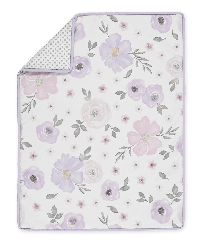 Watercolor Floral Lavender and Grey Collection 3 Piece Mini Crib Bedding Set