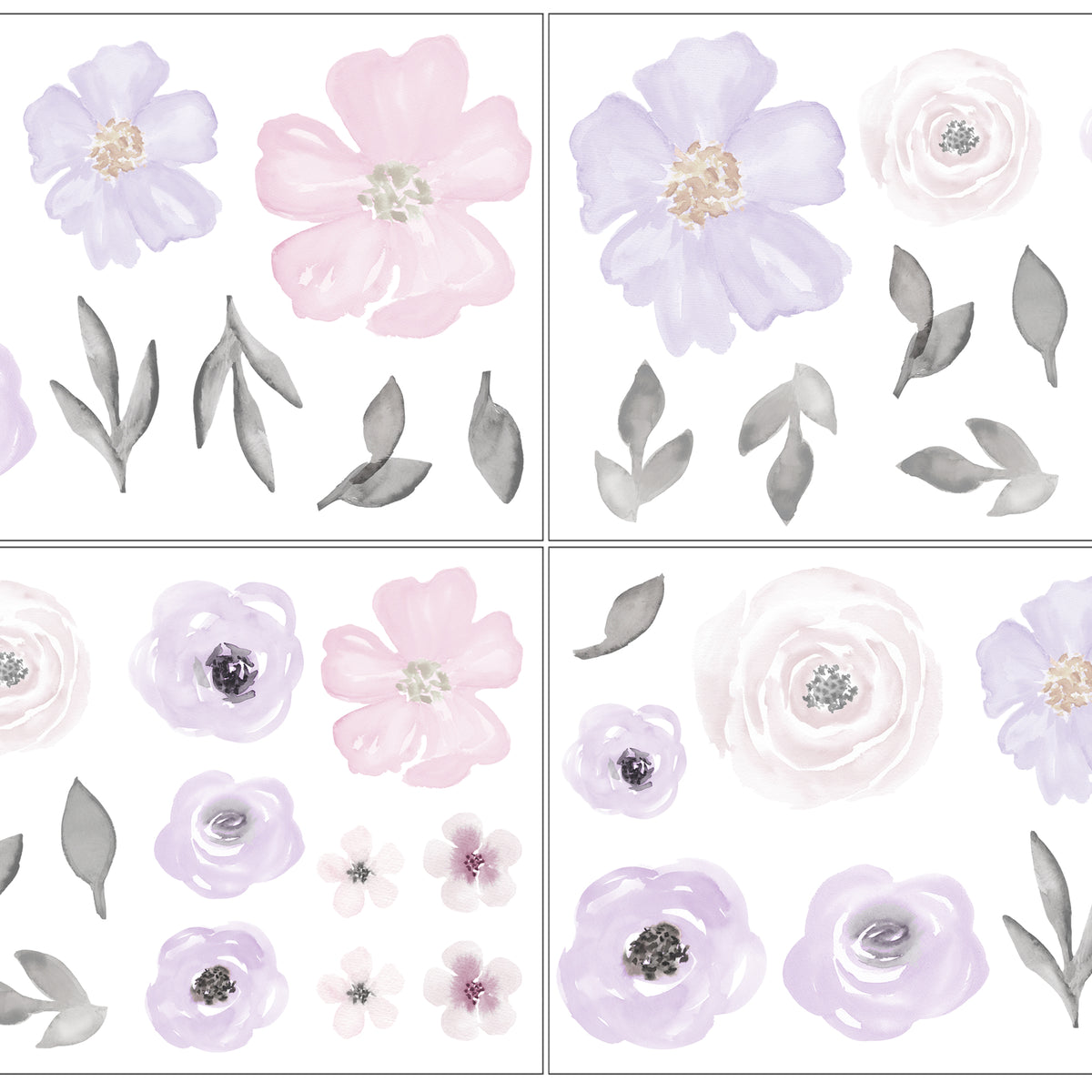 Watercolor Floral Lavender and Grey Collection Peel and Stick Wall Decal Stickers - Set of 4 Sheets