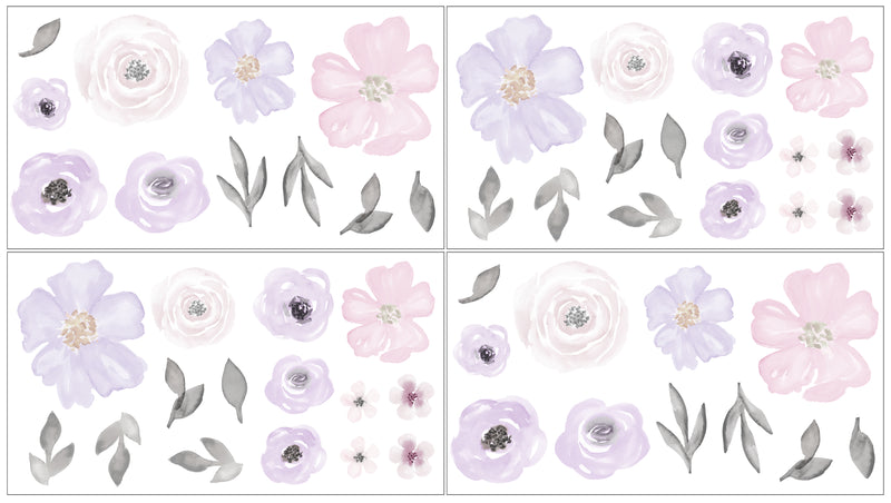 Watercolor Floral Lavender and Grey Collection Peel and Stick Wall Decal Stickers - Set of 4 Sheets