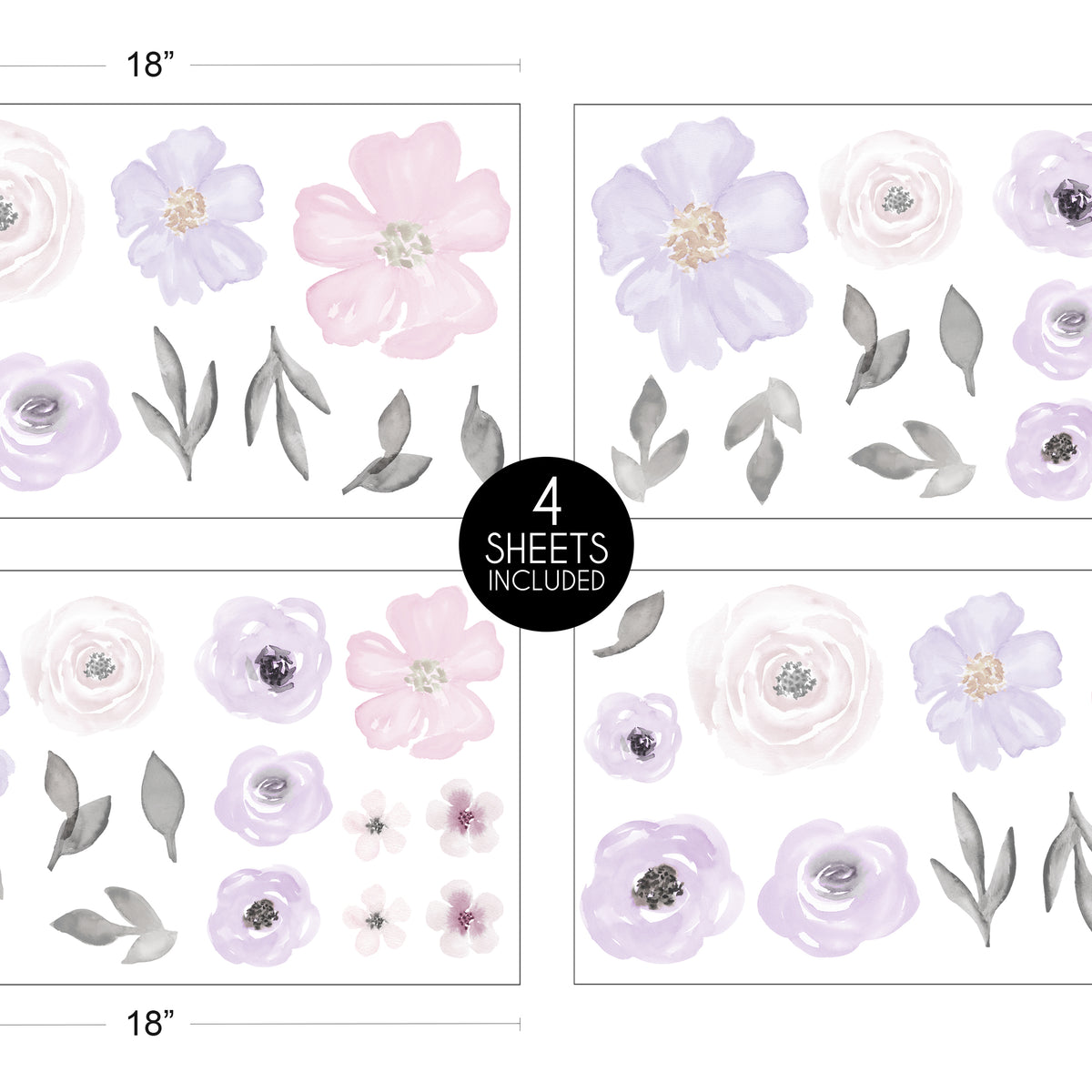 Watercolor Floral Lavender and Grey Collection Peel and Stick Wall Decal Stickers - Set of 4 Sheets