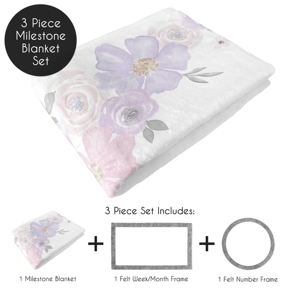 Watercolor Floral Lavender And Grey Monthly Milestone Baby Blanket alternate view