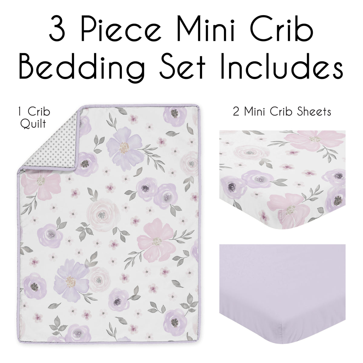 Watercolor Floral Lavender and Grey Collection 3 Piece Mini Crib Bedding Set