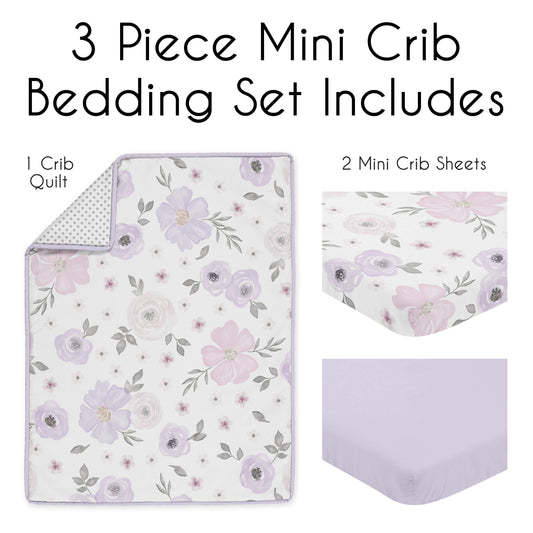 Watercolor Floral Lavender and Grey Collection 3 Piece Mini Crib Bedding Set