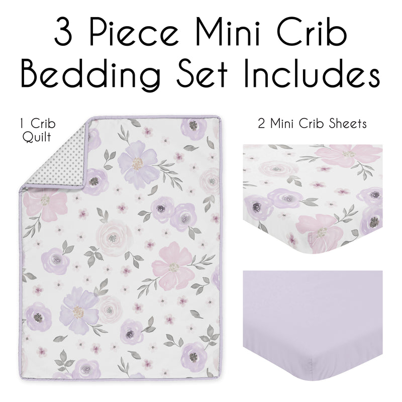 Watercolor Floral Lavender and Grey Collection 3 Piece Mini Crib Bedding Set
