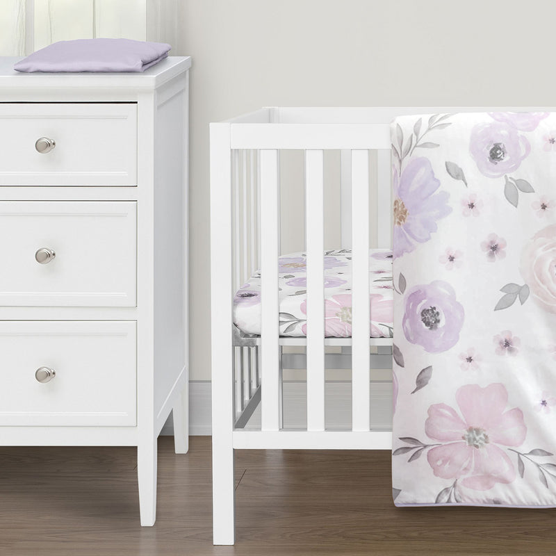 Watercolor Floral Lavender and Grey Collection 3 Piece Mini Crib Bedding Set