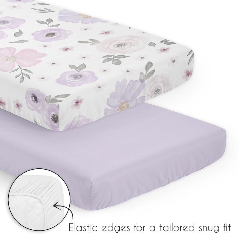 Watercolor Floral Lavender and Grey Collection 3 Piece Mini Crib Bedding Set