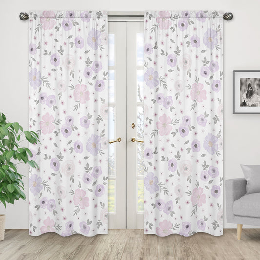Watercolor Floral Lavender and Grey Collection Window Panels - Set of 2