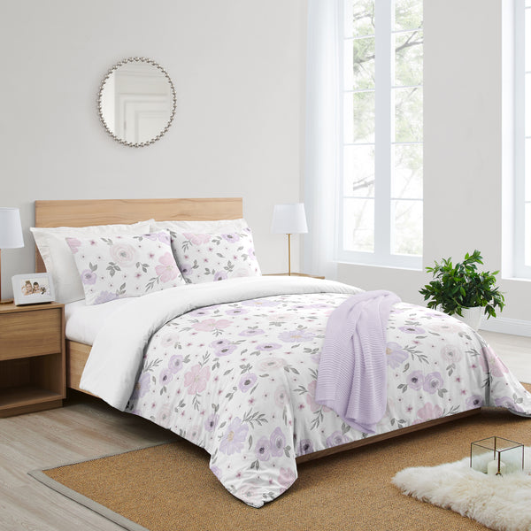 Watercolor Floral Lavender and Grey Collection Queen Duvet Cover Bedding Set alternate view