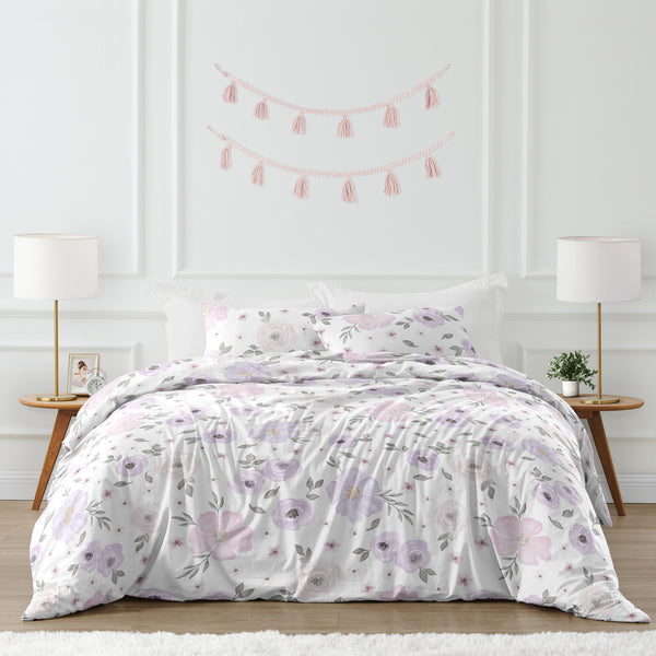 Watercolor Floral Lavender and Grey Collection Full/Queen Bedding
