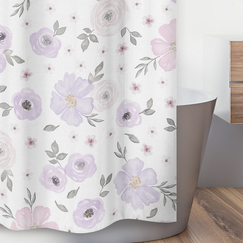 Watercolor Floral Lavender and Grey Collection Shower Curtain
