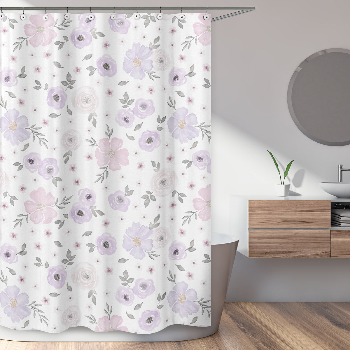 Watercolor Floral Lavender and Grey Collection Shower Curtain