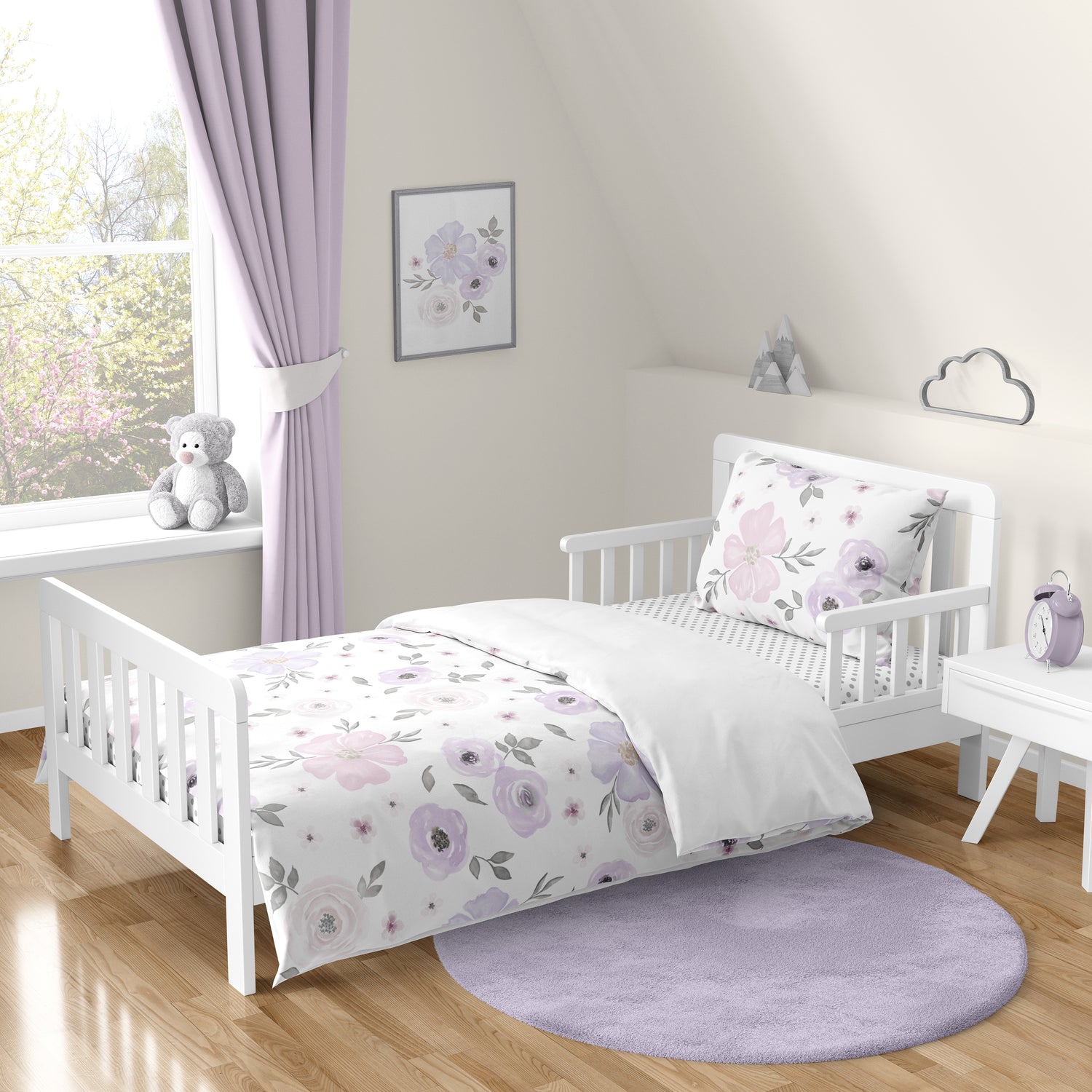 Watercolor Floral Lavender and Grey Collection Toddler Bedding