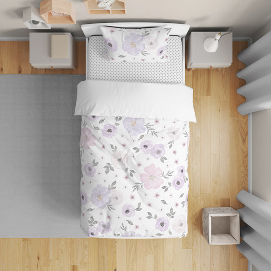 Watercolor Floral Lavender and Grey Collection Toddler Bedding
