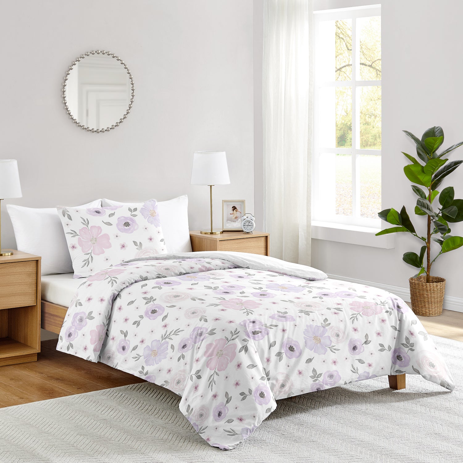 Watercolor Floral Lavender and Grey Collection Twin Bedding