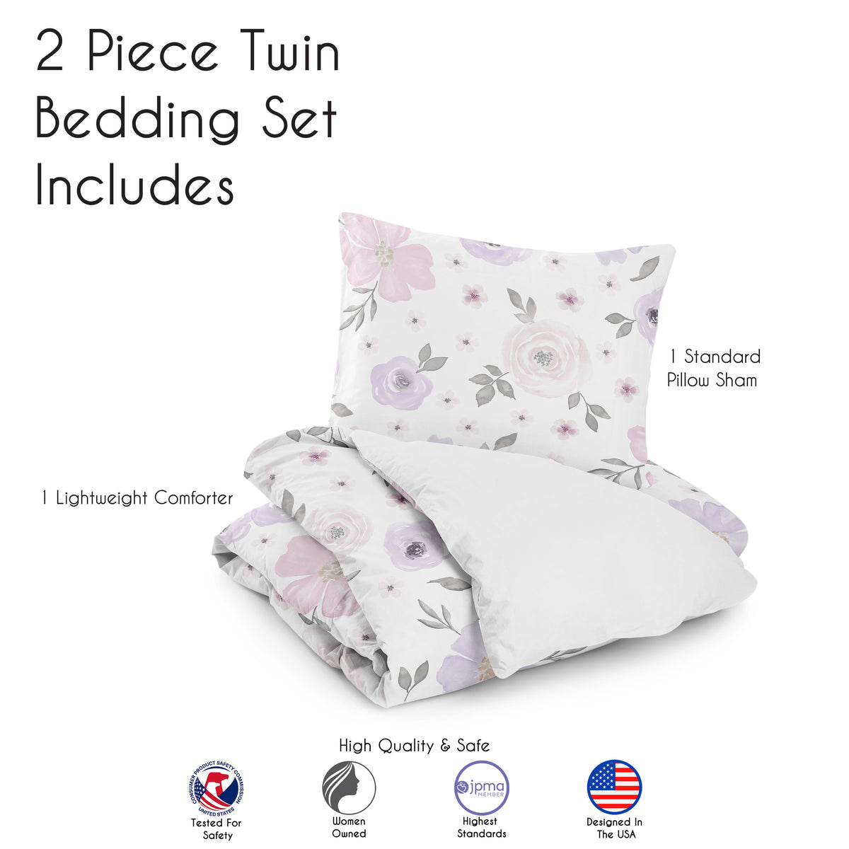 Watercolor Floral Lavender and Grey Collection Twin Bedding