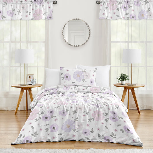 Watercolor Floral Lavender and Grey Collection Twin Bedding