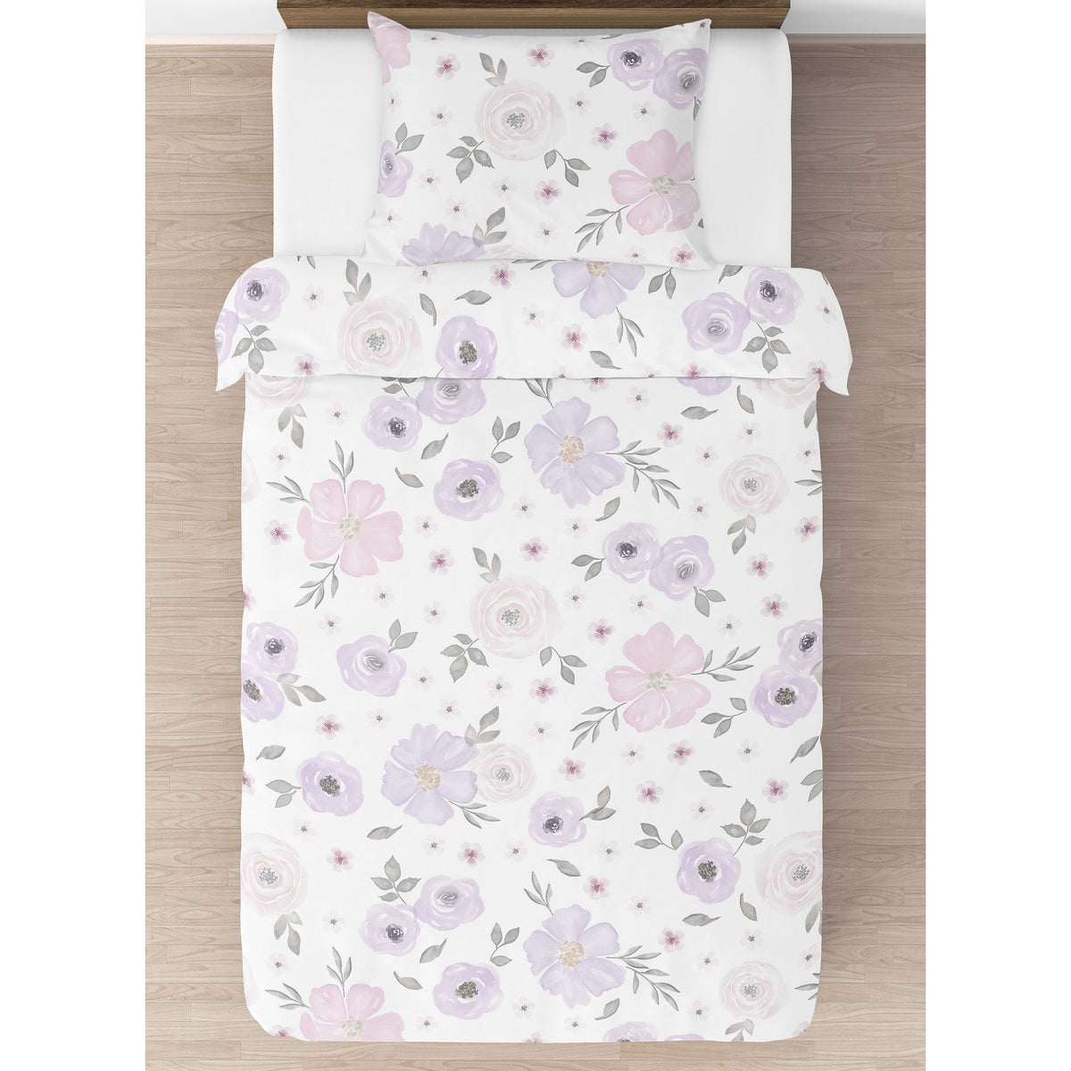 Watercolor Floral Lavender and Grey Collection Twin Bedding
