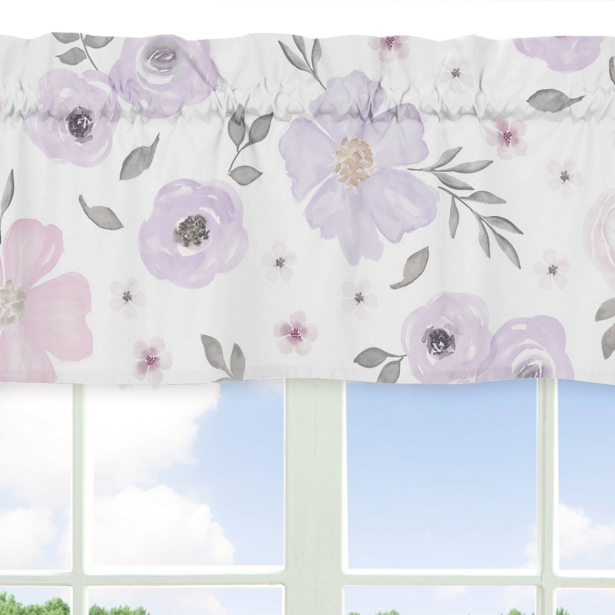 Watercolor Floral Lavender and Grey Collection Window Valance
