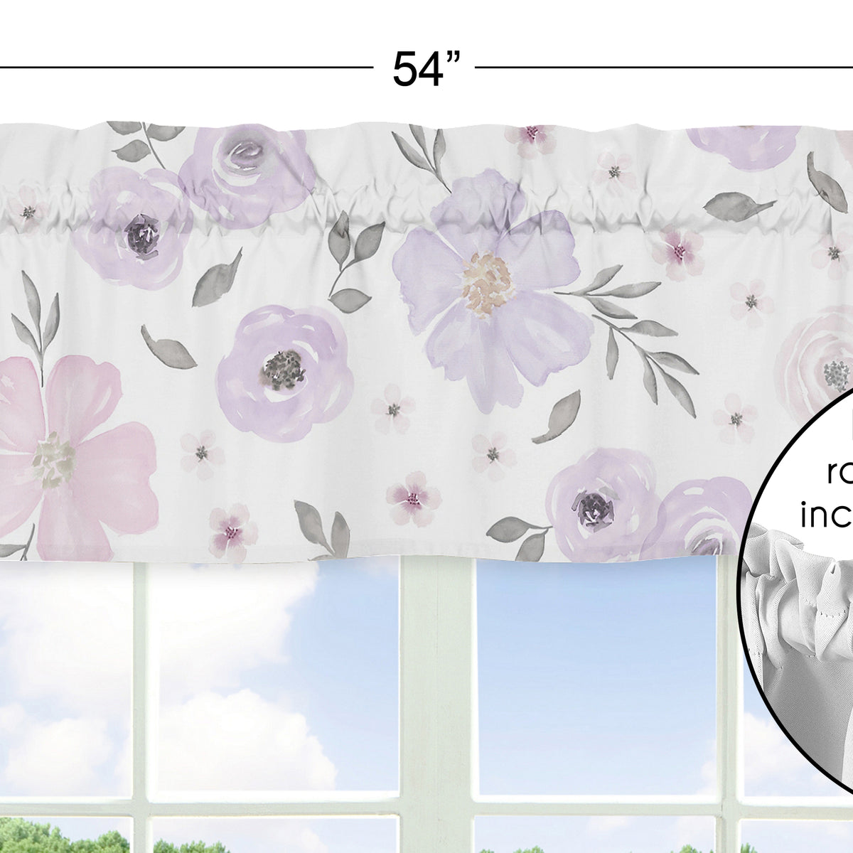 Watercolor Floral Lavender and Grey Collection Window Valance