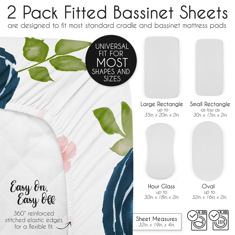 Watercolor Floral Navy Blue And Pink Collection 2 Pack Baby Bassinet Fitted Sheets