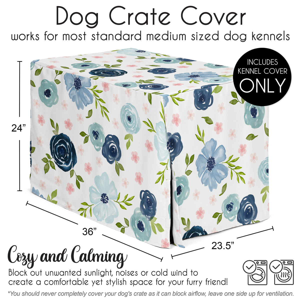 Watercolor Floral Navy Blue and Pink Collection Dog Crate Kennel Cover 36in.
