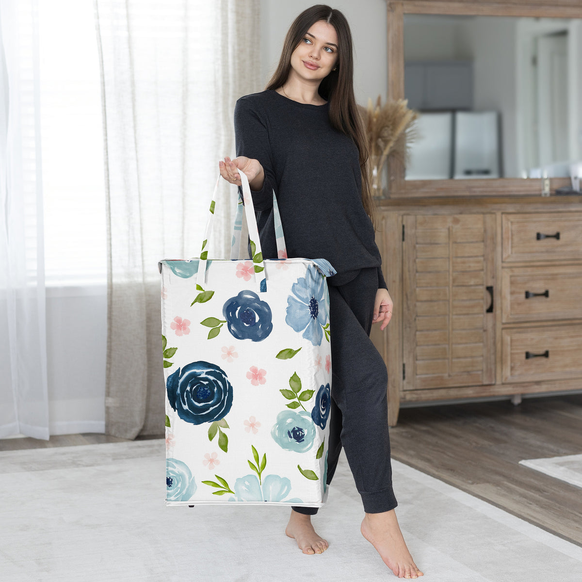 Watercolor Floral Navy Blue And Pink Collection Laundry Hamper with Handles