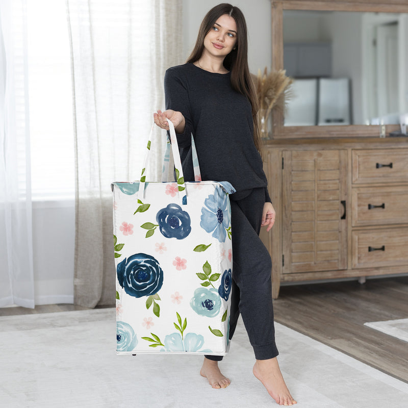 Watercolor Floral Navy Blue And Pink Collection Laundry Hamper with Handles