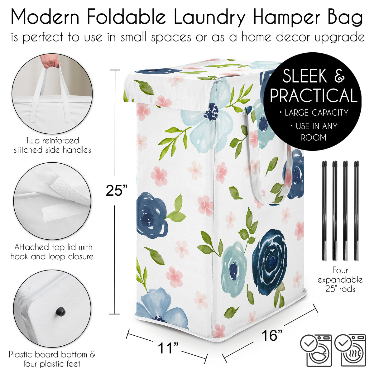 Watercolor Floral Navy Blue And Pink Collection Laundry Hamper with Handles
