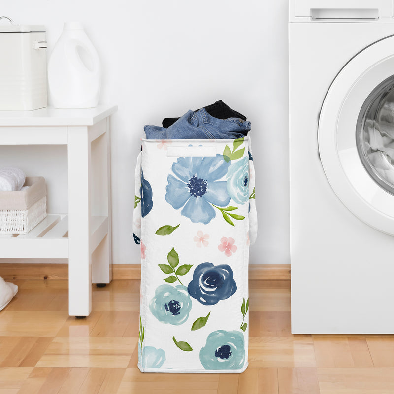 Watercolor Floral Navy Blue And Pink Collection Laundry Hamper with Handles