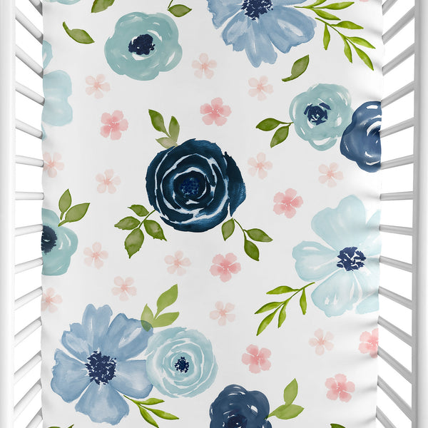 Watercolor Floral Navy Blue And Pink Collection Mini Crib Sheet