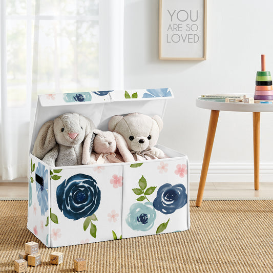 Watercolor Floral Navy Blue and Pink Collection Fabric Toy Bin Storage