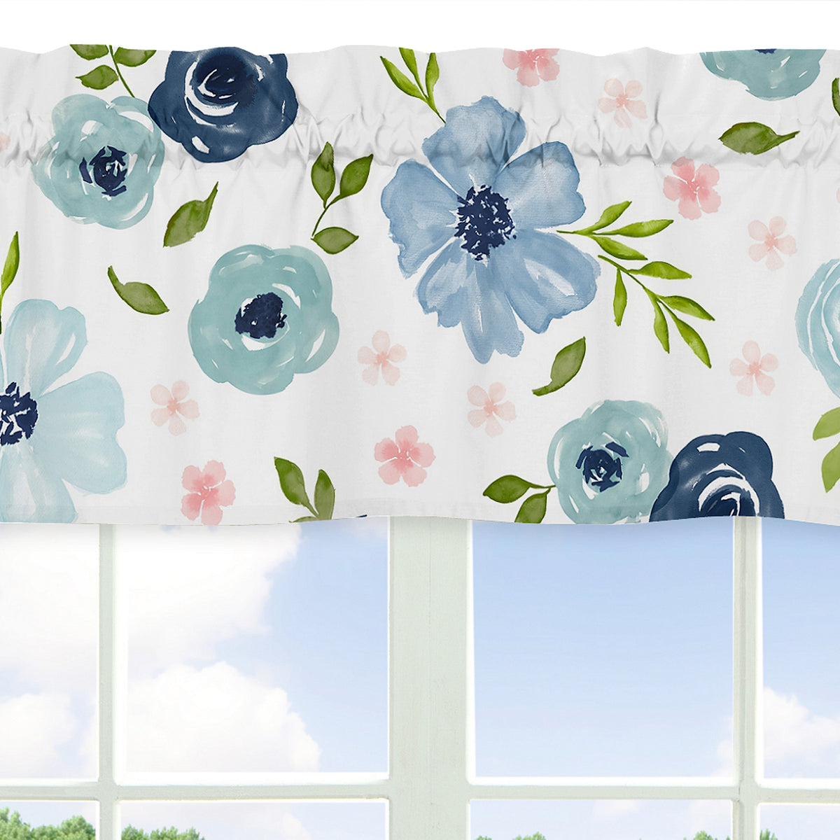 Watercolor Floral Navy Blue And Pink Collection Window Valance