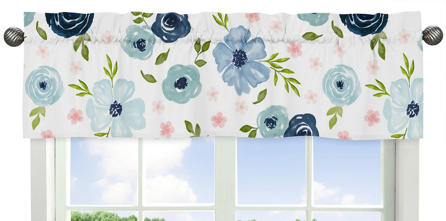 Watercolor Floral Navy Blue And Pink Collection Window Valance