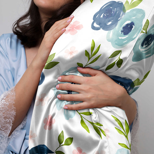 Watercolor Floral Navy Blue and Pink Collection Decorative Satin Pillowcases - 2 Pack Set