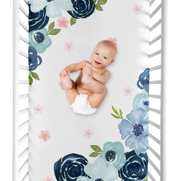 Watercolor Floral Navy Blue And Pink Collection Photo Op Crib Sheet