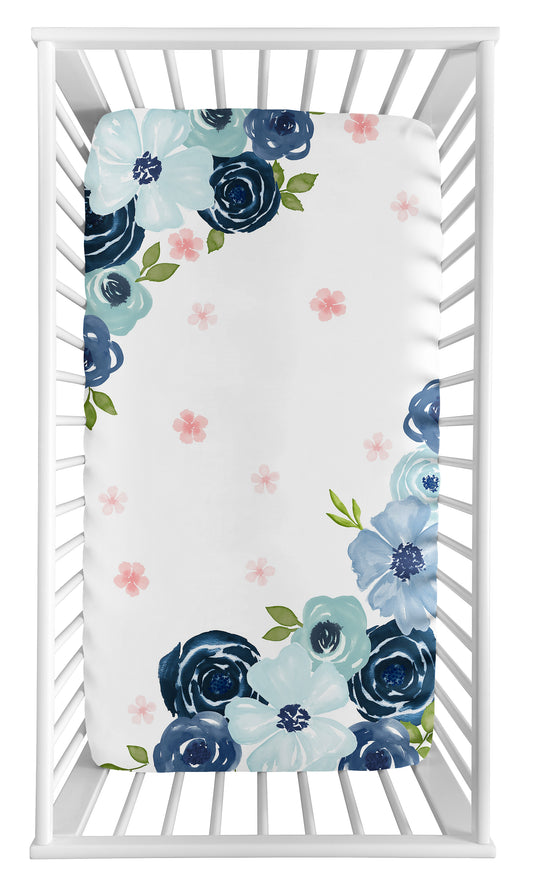 Watercolor Floral Navy Blue And Pink Collection Photo Op Crib Sheet