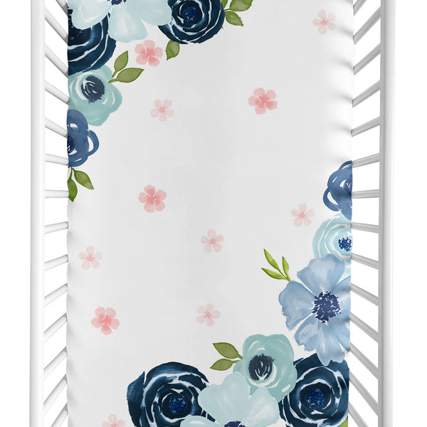 Watercolor Floral Navy Blue And Pink Collection Photo Op Crib Sheet alternate view