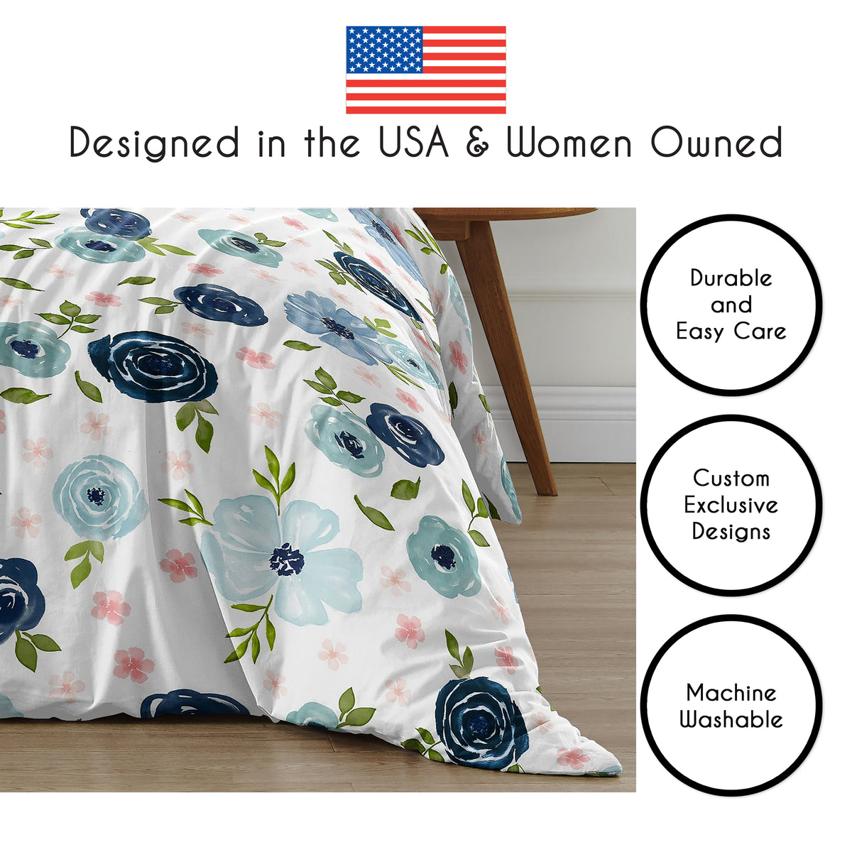 Watercolor Floral Navy Blue and Pink Collection Twin Bedding
