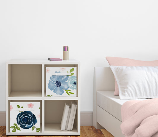 Watercolor Floral Navy Blue And Pink Collection Foldable Fabric Storage Bins