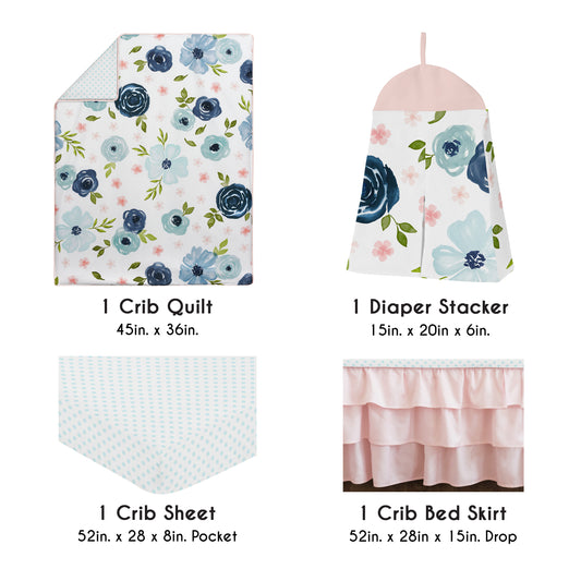 Watercolor Floral Navy Blue And Pink Collection 4 Piece Crib Bedding
