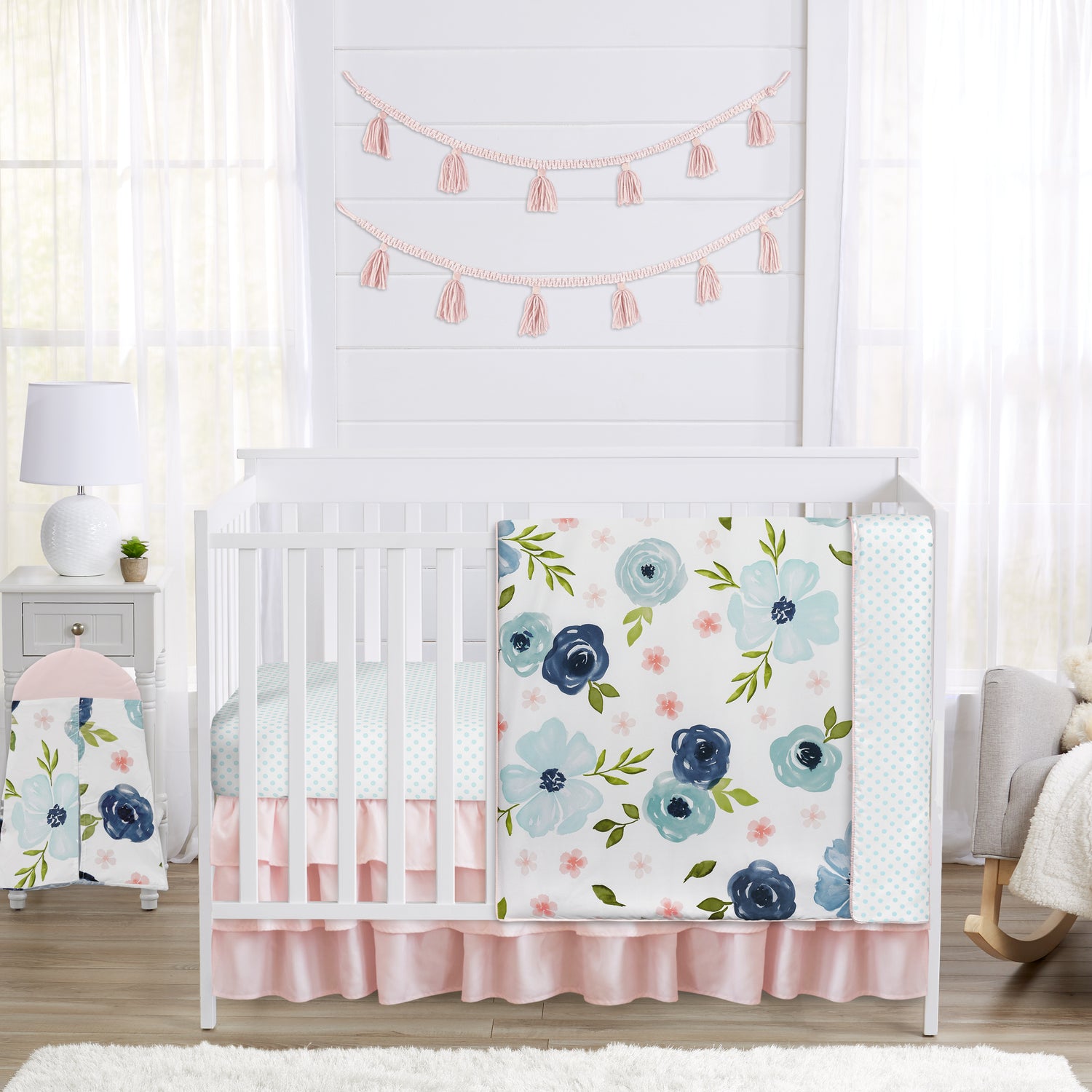 Watercolor Floral Navy Blue And Pink Collection 4 Piece Crib Bedding