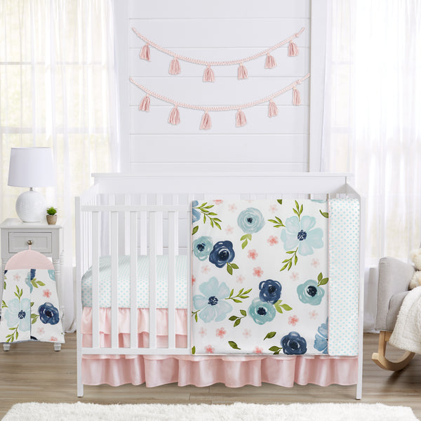 Watercolor Floral Navy Blue And Pink Collection 4 Piece Crib Bedding