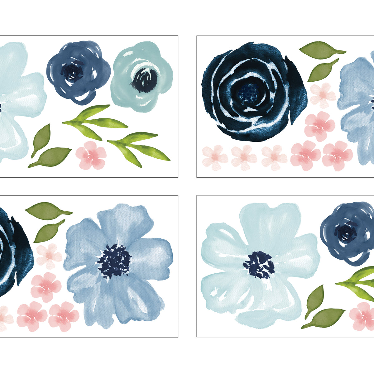 Watercolor Floral Navy Blue And Pink Collection Peel and Stick Wall Decal Stickers - Set of 4 Sheets