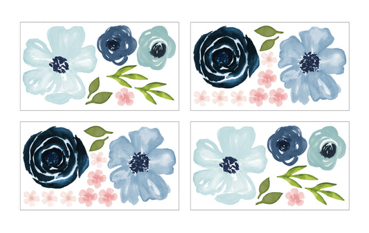 Watercolor Floral Navy Blue And Pink Collection Peel and Stick Wall Decal Stickers - Set of 4 Sheets