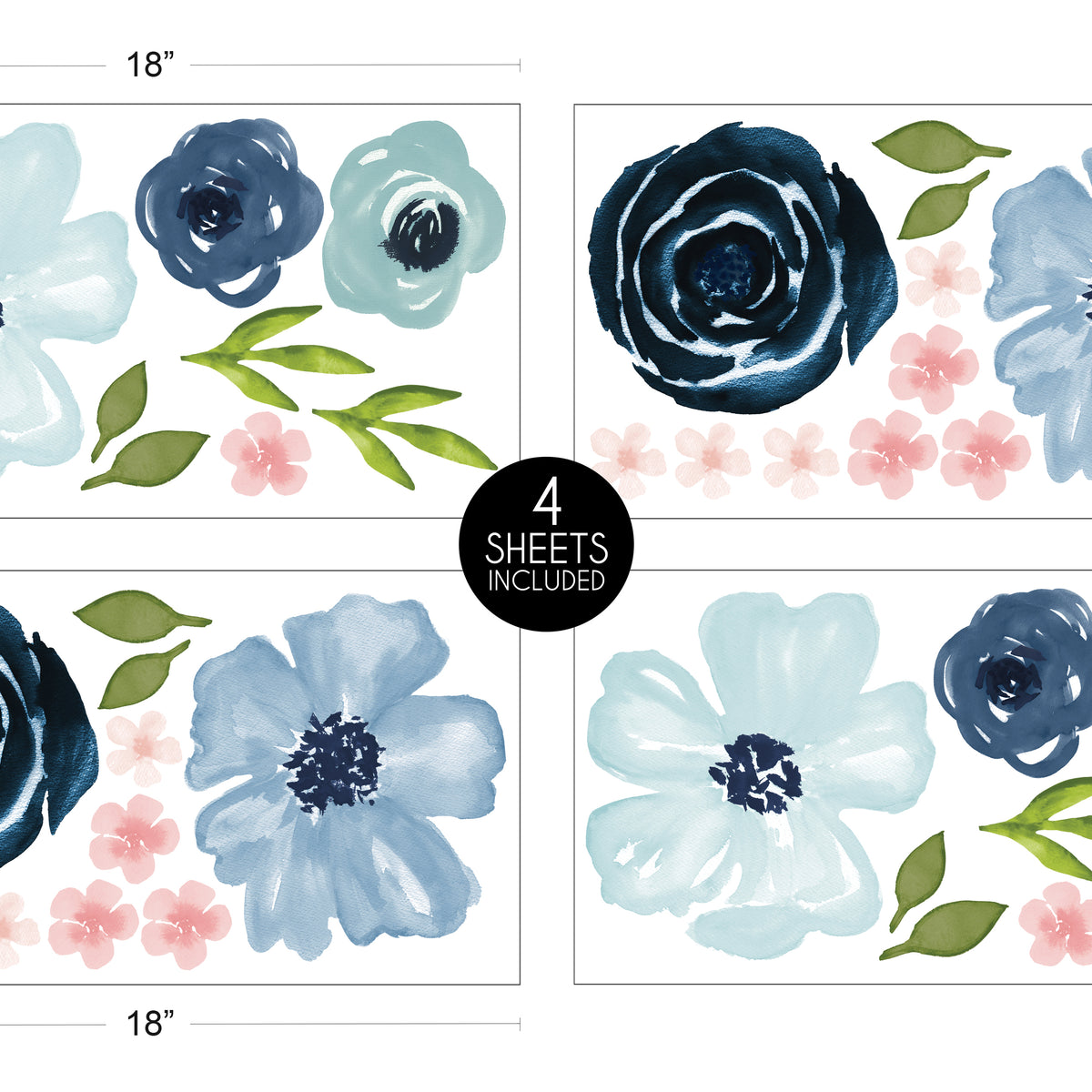Watercolor Floral Navy Blue And Pink Collection Peel and Stick Wall Decal Stickers - Set of 4 Sheets