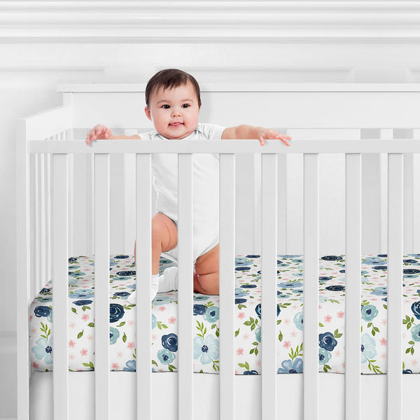 Watercolor Floral Navy Blue And Pink Collection Jersey Knit Crib Sheet alternate view