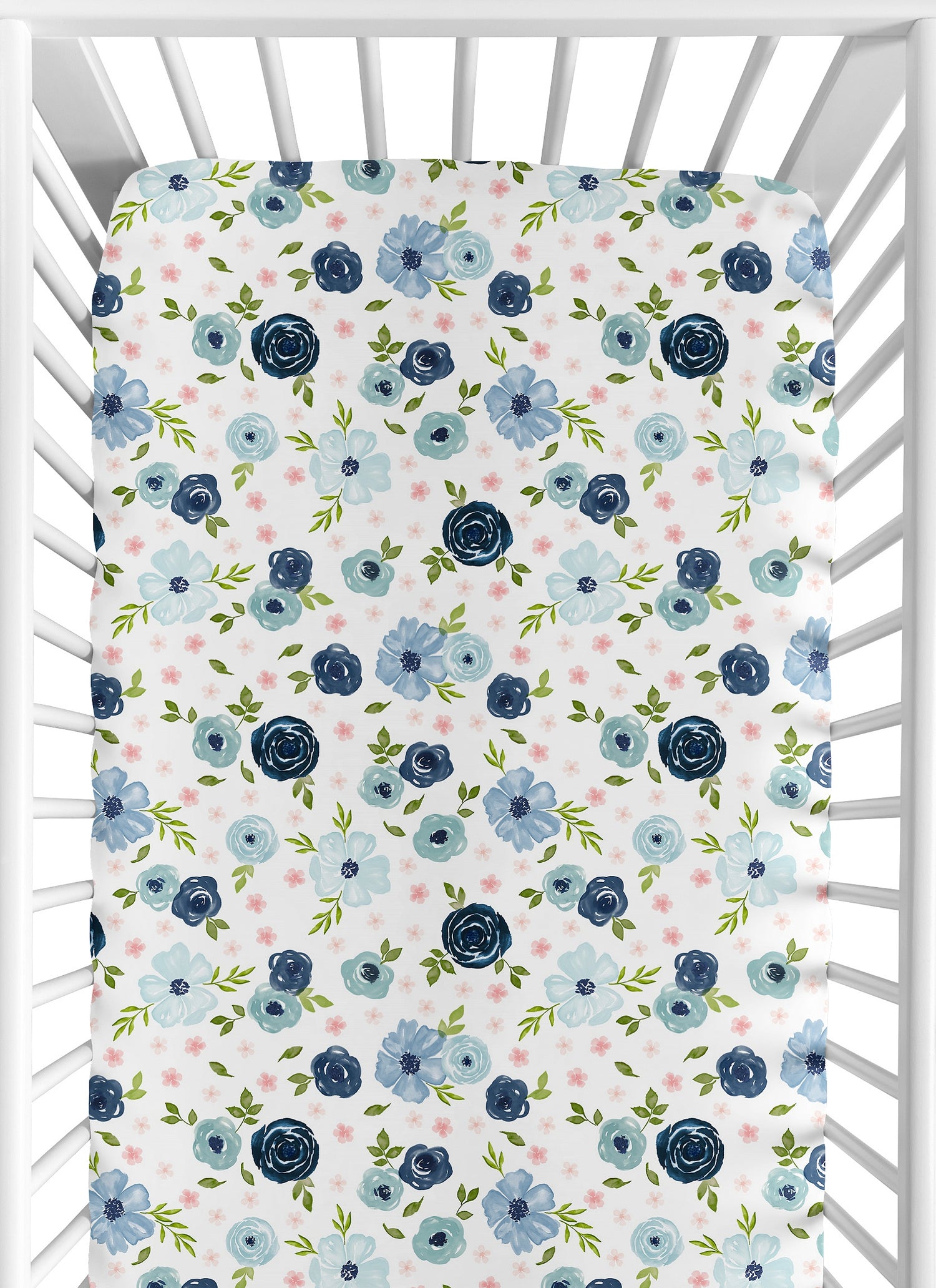 Watercolor Floral Navy Blue And Pink Collection Jersey Knit Crib Sheet