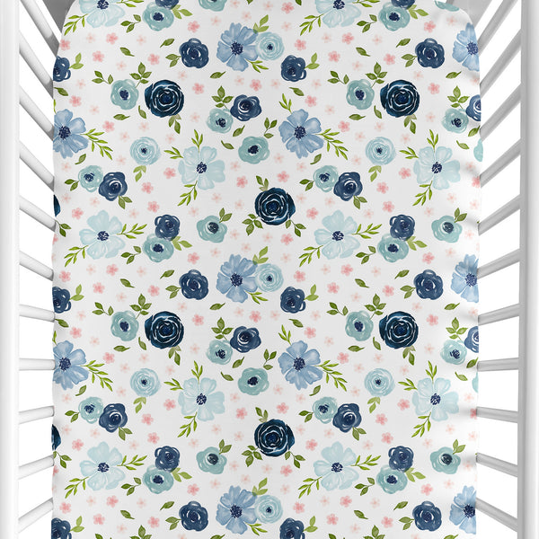 Watercolor Floral Navy Blue And Pink Collection Jersey Knit Crib Sheet